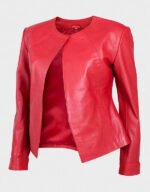 Womens Collarless Leather Jacket - Image 6