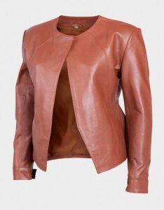 Womens Collarless Leather Jacket - Image 7