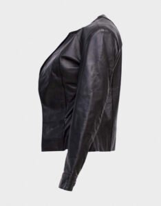 Womens Collarless Leather Jacket - Image 3