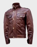 Men's Brown High Collar Leather Jacket