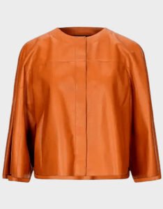 Womens  Brown Tan Collarless Leather Jacket