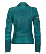 Women’s Slim Fit Diamond Quilted Teal Moto Distress Leather Jacket - Image 2