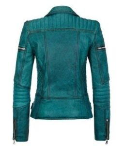 Women’s Slim Fit Diamond Quilted Teal Moto Distress Leather Jacket - Image 2