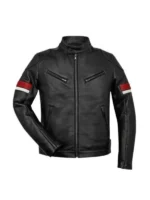 Men’s Black Leather Red and White Striped Cafe Racer Jacket