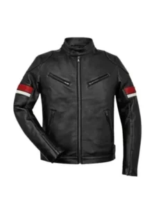 Men’s Black Leather Red and White Striped Cafe Racer Jacket