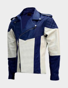 Blue and White Leather Jacket – Sleek Moto Look with Comfort