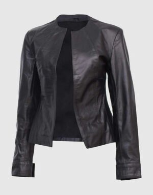 Stylish Collarless Leather Jacket