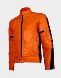 street fashion orange leather jacket