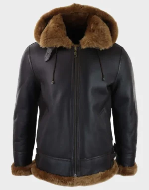 Men’s Brown Leather Shearling Aviator Jacket with Hood