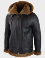 Men’s Brown Leather Shearling Aviator Jacket with Hood - Image 2