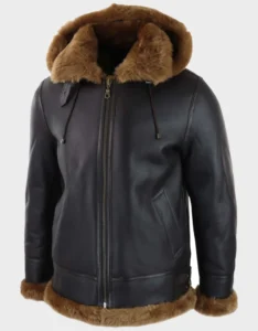 Men’s Brown Leather Shearling Aviator Jacket with Hood - Image 2