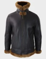 Men’s Brown Leather Shearling Aviator Jacket with Hood - Image 4