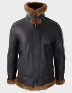 Men’s Brown Leather Shearling Aviator Jacket with Hood - Image 4