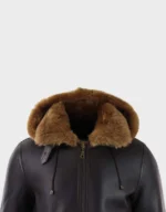 Men’s Brown Leather Shearling Aviator Jacket with Hood - Image 3