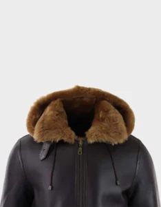 Men’s Brown Leather Shearling Aviator Jacket with Hood - Image 3