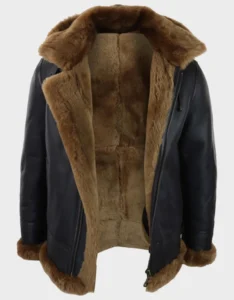 Men’s Brown Leather Shearling Aviator Jacket with Hood - Image 5