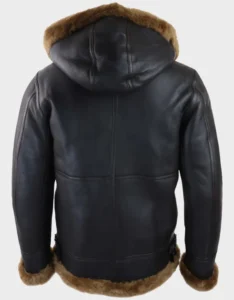 Men’s Brown Leather Shearling Aviator Jacket with Hood - Image 6