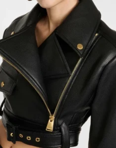Cropped Leather Motorcycle Jacket - Image 2