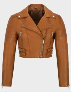 Brent Women’s Tan Cropped Biker Leather Jacket