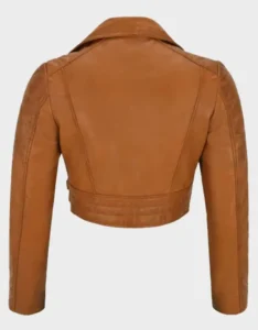 Brent Women’s Tan Cropped Biker Leather Jacket - Image 4