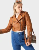 Brent Women’s Tan Cropped Biker Leather Jacket - Image 2