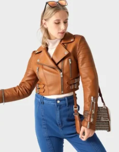 Brent Women’s Tan Cropped Biker Leather Jacket - Image 2