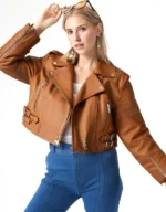 Brent Women’s Tan Cropped Biker Leather Jacket - Image 3