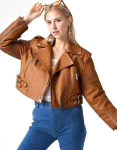 Brent Women’s Tan Cropped Biker Leather Jacket - Image 3
