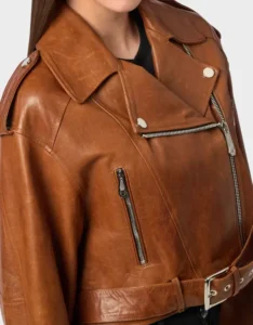 Women Leather Brown Cropped Jacket - Image 3
