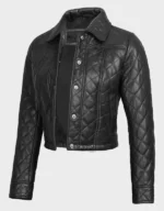 Women's Black Quilted Cropped Leather Jacket - Image 2