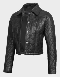 Women's Black Quilted Cropped Leather Jacket - Image 2