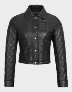 Women's Black Quilted Cropped Leather Jacket - Image 3
