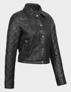 Women's Black Quilted Cropped Leather Jacket - Image 4