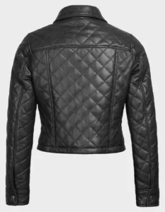 Women's Black Quilted Cropped Leather Jacket - Image 5