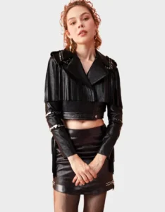 Fringed Cropped Leather Jacket - Image 3