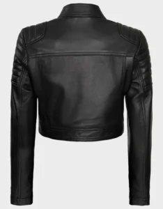 Women’s Black Cropped Style Café Racer Leather Jacket - Image 6