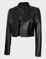 Women’s Black Cropped Style Café Racer Leather Jacket - Image 3