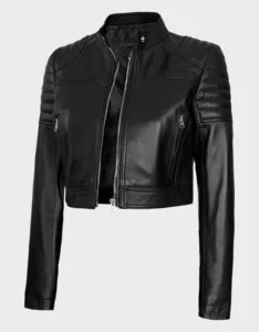 Women’s Black Cropped Style Café Racer Leather Jacket - Image 3