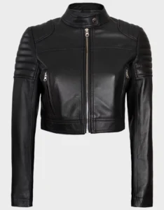 Women’s Black Cropped Style Café Racer Leather Jacket - Image 2