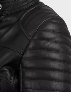 Women’s Black Cropped Style Café Racer Leather Jacket - Image 4