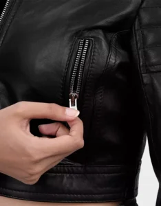 Women’s Black Cropped Style Café Racer Leather Jacket - Image 5
