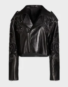 Cropped Embellished Leather Biker Jacket