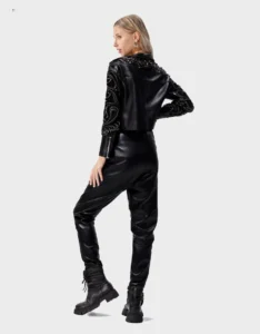 Cropped Embellished Leather Biker Jacket - Image 3