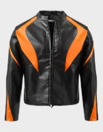 Men's Black Orange Cropped Biker Leather Jacket
