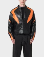 Men's Black Orange Cropped Biker Leather Jacket