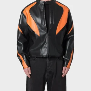 Men's Black Orange Cropped Biker Leather Jacket