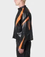 Men's Black Orange Cropped Biker Leather Jacket