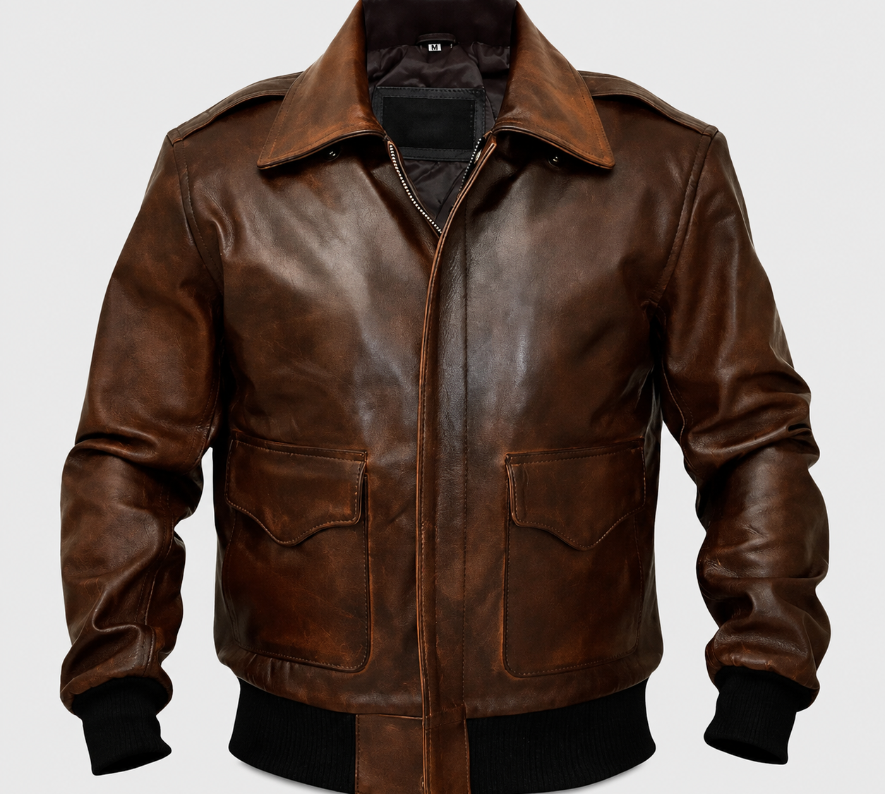Men's A-2 cognac brown leather bomber jacket, front view with shirt-style collar and zip closure