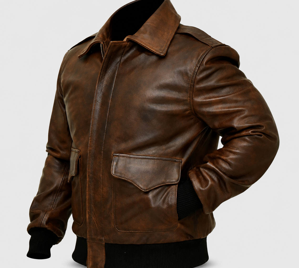 Men's A-2 Cognac Brown Bomber Leather Jacket in cowhide leather