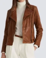 Lauren Ralph Lauren Burnished Brown Leather Moto Jacket